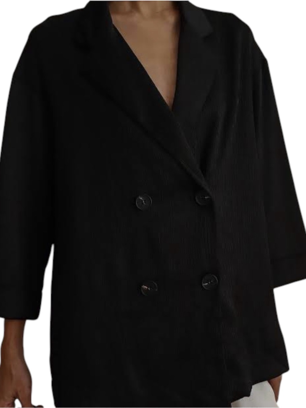 Zara Wrinkle-Look Plissé Satin Black Double-Breasted Blazer Size Large